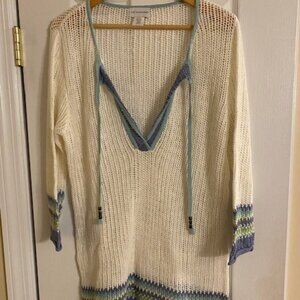 Soft Surroundings Women's White Crochet Top Blouse Tunic Blue Green Stripes L